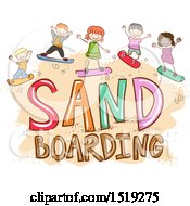 Clipart Of A Sketched Group Of Children Sand Boarding Royalty Free Vector Illustration