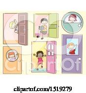 Poster, Art Print Of Sketched Group Of Children With Doors