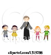 Poster, Art Print Of Happy Priest Holding Hands With Children