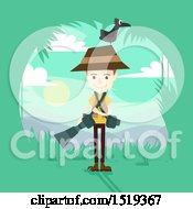 Poster, Art Print Of Wildlife Photographer With Equipment And A Bird On His Head