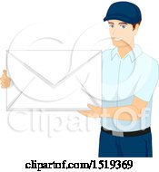Clipart Of A Happy Mail Man Holding A Giant Envelope Royalty Free Vector Illustration by BNP Design Studio