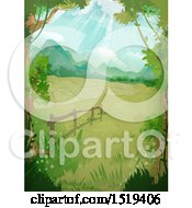 Clipart Of A Rural Country Scene With A Fence And Sunshine Royalty Free Vector Illustration
