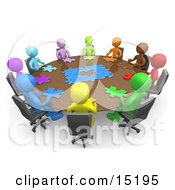 Group Of Colorful And Diverse People Holding A Meeting And Trying To Solve A Jigsaw Around A Large Rectangular Conference Table In An Office Clipart Illustration Image by 3poD #COLLC15195-0033