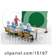 Blue Teacher Standing In Front Of A Blank Chalkboard And Using A Pointer Stick While Teaching A Row Of Focused Students In A Classroom Clipart Illustration Image by 3poD #COLLC15197-0033