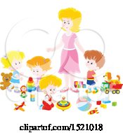 Clipart Of A Caucasian Mother Or Daycare Provider Supervising Playing Children Royalty Free Vector Illustration