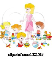 Poster, Art Print Of Caucasian Mom Or Daycare Provider Supervising Playing Children