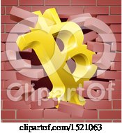 Clipart Of A 3d Gold Bitcoin Currency Symbol Breaking Through A Brick Wall Royalty Free Vector Illustration