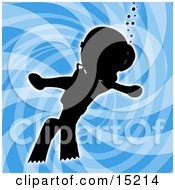 Silhouetted Person Swimming Underwater While Scuba Diving Wearing Goggles Flippers And An Oxygen Tank Over A Blue Background Clipart Illustration Image