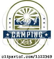Clipart Of A Mountains Sunset And Axe Camping Design Royalty Free Vector Illustration
