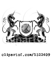 Poster, Art Print Of Pair Of Unicorns Flanking A Lion Shield Over A Banner Black And White