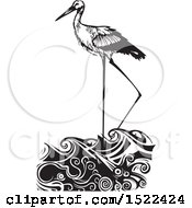 Poster, Art Print Of Stork Bird Wading In Water Black And White Woodcut
