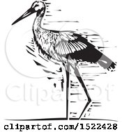 Poster, Art Print Of Walking Stork Bird Black And White Woodcut
