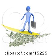 Blue Rich Businessman Person Carrying A Briefcase And Standing Proud On A Yellow Surfboard While Surfing On Money