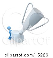 Winning Blue Athlete Person Trying To Move His Giant Silver Trophy Cup Clipart Illustration Image by 3poD