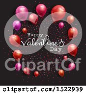 Poster, Art Print Of Happy Valentines Day Greeting With Confetti And Balloons On Black