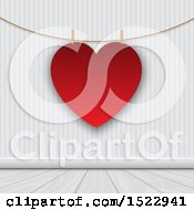 Clipart Of A Valentines Day Heart Suspended On A Rope Over A Wall Royalty Free Vector Illustration