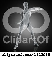 Clipart Of A 3d Xray Woman Stretching With Visible Muscles On A Dark Gray Background Royalty Free Illustration
