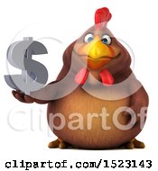 3d Chubby Brown Chicken Holding A Dollar Sign On A White Background
