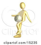 Gold Soccer Player Person Kicking A Dribbling A Soccer Ball On His Upper Leg