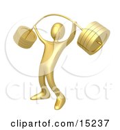 Strong Gold Man Holding Heavy And Bending Barbell Weights Above His Head In A Fitness Gym