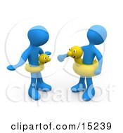 Two Blue People Faching Eachother And Wearing Yellow Inner Tubes With Faces Around Their Waists At The Beach On Summer Vacation