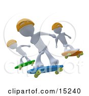 Three White Skateboarders In Yellow Helmets Catching Air All At The Same Time