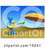 Blue Person Wearing A Yellow Inner Tube With A Face Around Their Waist And Standing By Beach Umbrellas At A Sandy Beach On Summer Vacation