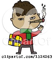 Cartoon Man Smoking Carrying Christmas Gift