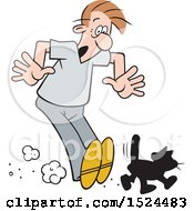 Clipart Of A Superstition Scene Of A Black Cat Crossing A Mans Path Royalty Free Vector Illustration