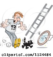 Clipart Of A Superstition Scene Of A Black Cat Crossing A Mans Path A Ladder And A Broken Mirror Royalty Free Vector Illustration