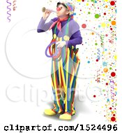 Poster, Art Print Of Clown Blowing A Horn And Holding Rings Over Party Confetti And Ribbons