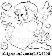 Clipart Of A Black And White Valentines Day Cupid Hugging A Heart Royalty Free Vector Illustration