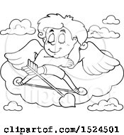 Clipart Of A Black And White Valentines Day Cupid Sleeping On A Cloud Royalty Free Vector Illustration