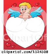 Poster, Art Print Of Valentines Day Cupid Resting On A Heart Border Over Red