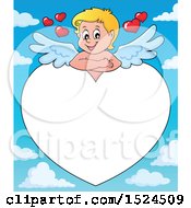 Poster, Art Print Of Valentines Day Cupid Resting On A Heart Border Over Sky