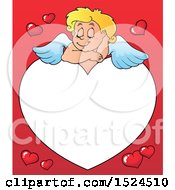 Poster, Art Print Of Valentines Day Cupid Sleeping On A Heart Border Over Red