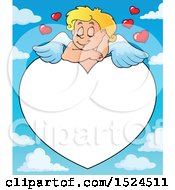 Poster, Art Print Of Valentines Day Cupid Sleeping On A Heart Border Over Sky