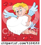 Poster, Art Print Of Valentines Day Cupid Holding On A Heart Border Over Red