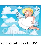 Poster, Art Print Of Valentines Day Cupid Holding On A Heart Border Over Sky