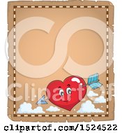 Clipart Of A Red Valentines Day Love Heart Character Struck With Cupids Arrow On A Parchment Page Royalty Free Vector Illustration