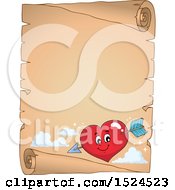 Clipart Of A Red Valentines Day Love Heart Character Struck With Cupids Arrow On A Parchment Scroll Royalty Free Vector Illustration by visekart