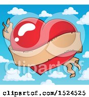 Poster, Art Print Of Red Valentines Day Heart With A Ribbon Banner Over Sky