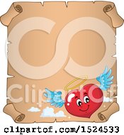 Clipart Of A Red Valentines Day Love Heart Angel Character On A Parchment Scroll Royalty Free Vector Illustration by visekart