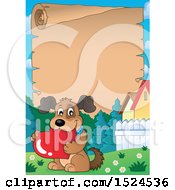 Clipart Of A Valentines Day Dog Holding A Heart Over A Parchment Scroll Royalty Free Vector Illustration