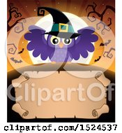 Poster, Art Print Of Parchment Scroll Under A Halloween Witch Owl Full Moon And Bats