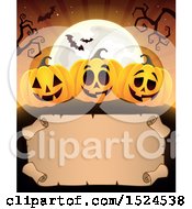 Poster, Art Print Of Parchment Scroll Under Halloween Jackolantern Pumpkins A Full Moon And Bats