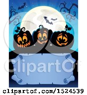 Poster, Art Print Of Parchment Scroll Under Black Halloween Jackolantern Pumpkins A Full Moon And Bats