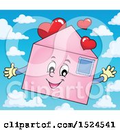 Clipart Of A Valentine Envelope Character With Love Hearts Over Sky Royalty Free Vector Illustration by visekart