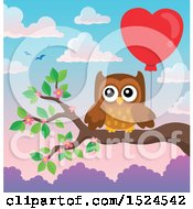 Poster, Art Print Of Valentines Day Owl On A Branch Holding A Heart Balloon