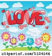 Clipart Of A Red Word Love With Valentines Day Hearts Over Flowers Royalty Free Vector Illustration